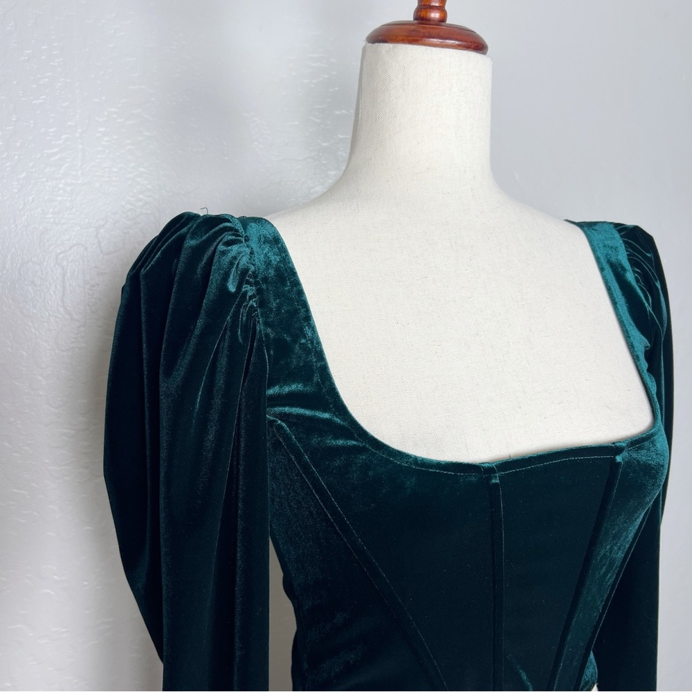ZARA Women’s Size S Green Velvet Long Puff Sleeve Cropped Square-Neck Corset Top - Picture 4 of 14